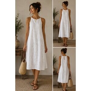 Lungo L'Arno White 100% Linen Floral Print Midi Dress Made in Italy Small Summer